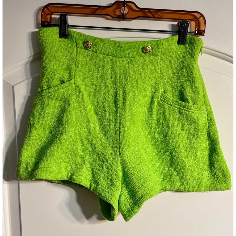 Zara Textured Tweed Shorts Women M Bold Lime Green High Waisted Gold Button